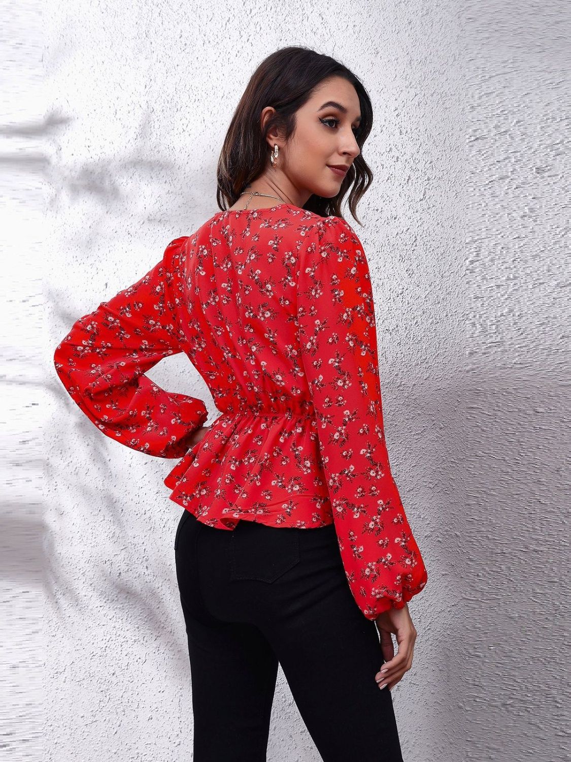 Get trendy with Ruched Printed V-Neck Long Sleeve Blouse - Blouse available at Styles Code. Grab yours today!