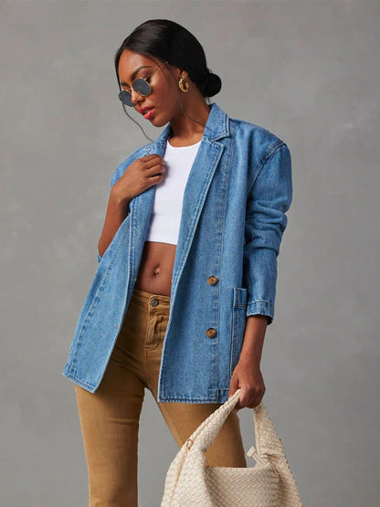 Get trendy with Collared Neck Long Sleeve Denim Jacket - Denim Jacket available at Styles Code. Grab yours today!