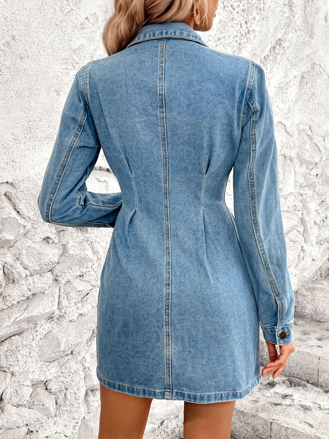 Get trendy with Pocketed Button Up Long Sleeve Denim Dress - Denim Dress available at Styles Code. Grab yours today!