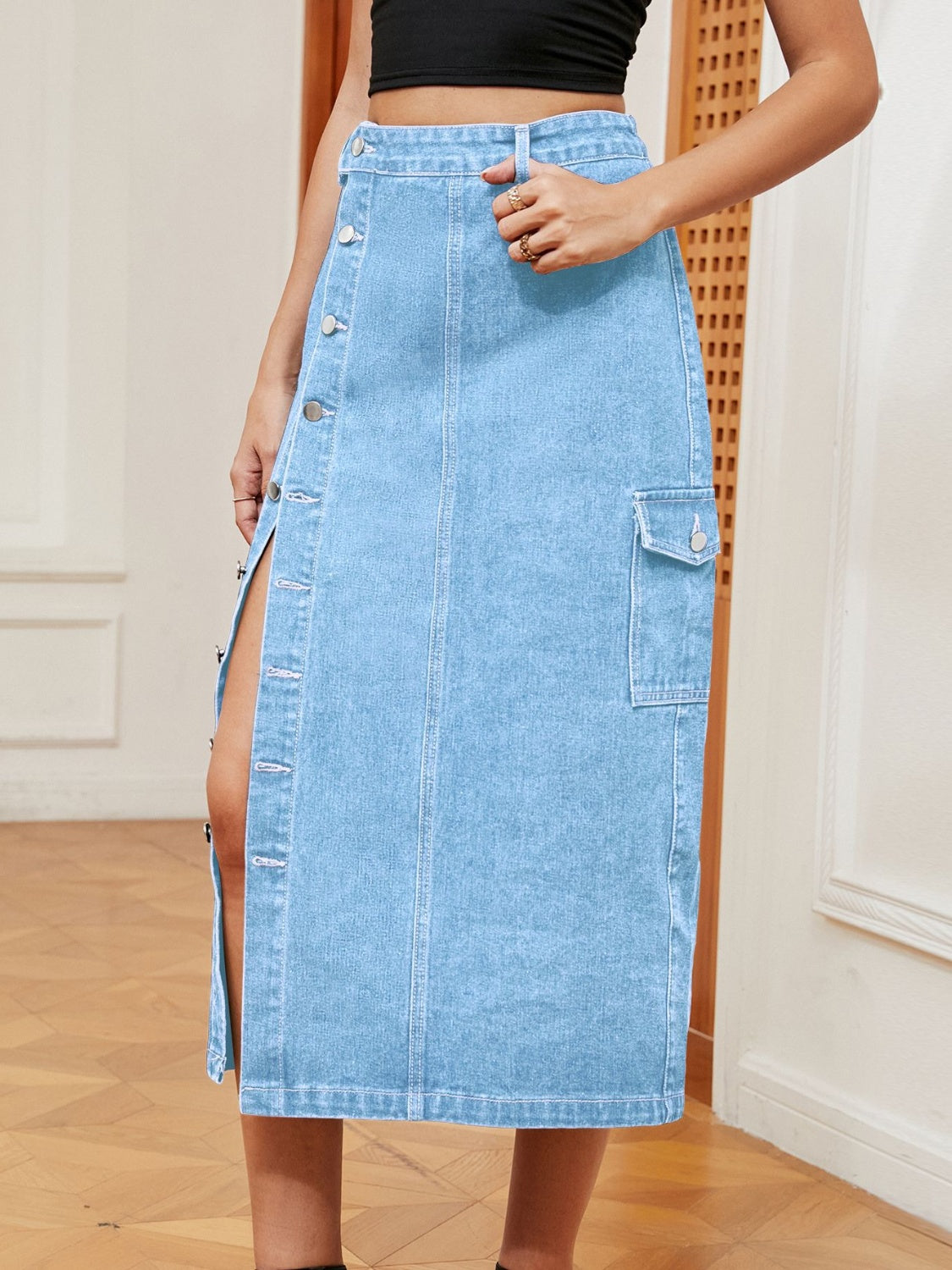 Get trendy with Button Down Midi Denim Skirt - Skirts available at Styles Code. Grab yours today!