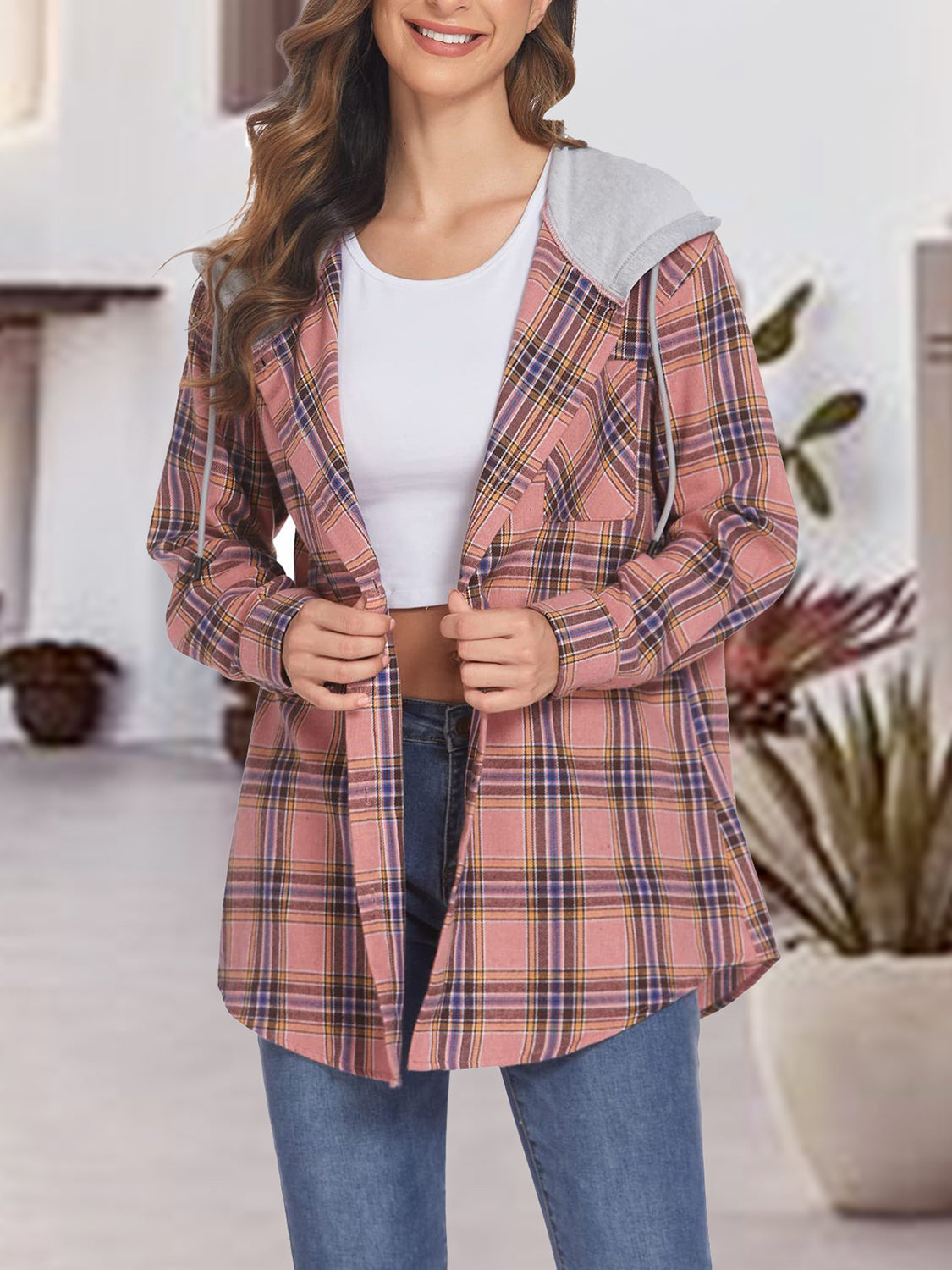 Get trendy with Plaid Drawstring Button Up Hooded Jacket - Jackets available at Styles Code. Grab yours today!