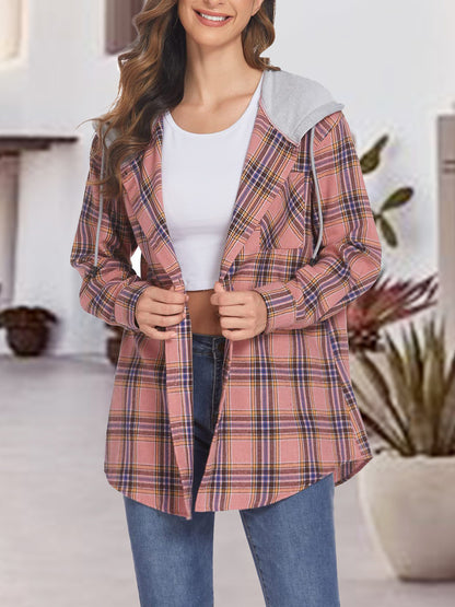 Get trendy with Plaid Drawstring Button Up Hooded Jacket - Jackets available at Styles Code. Grab yours today!