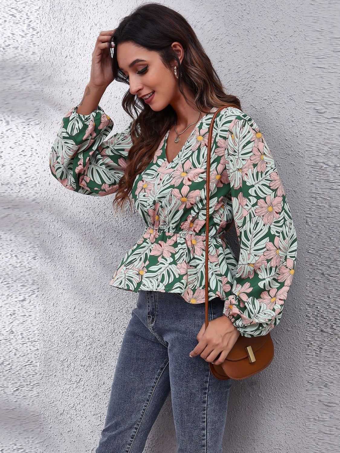 Get trendy with Ruched Printed V-Neck Long Sleeve Blouse - Blouse available at Styles Code. Grab yours today!