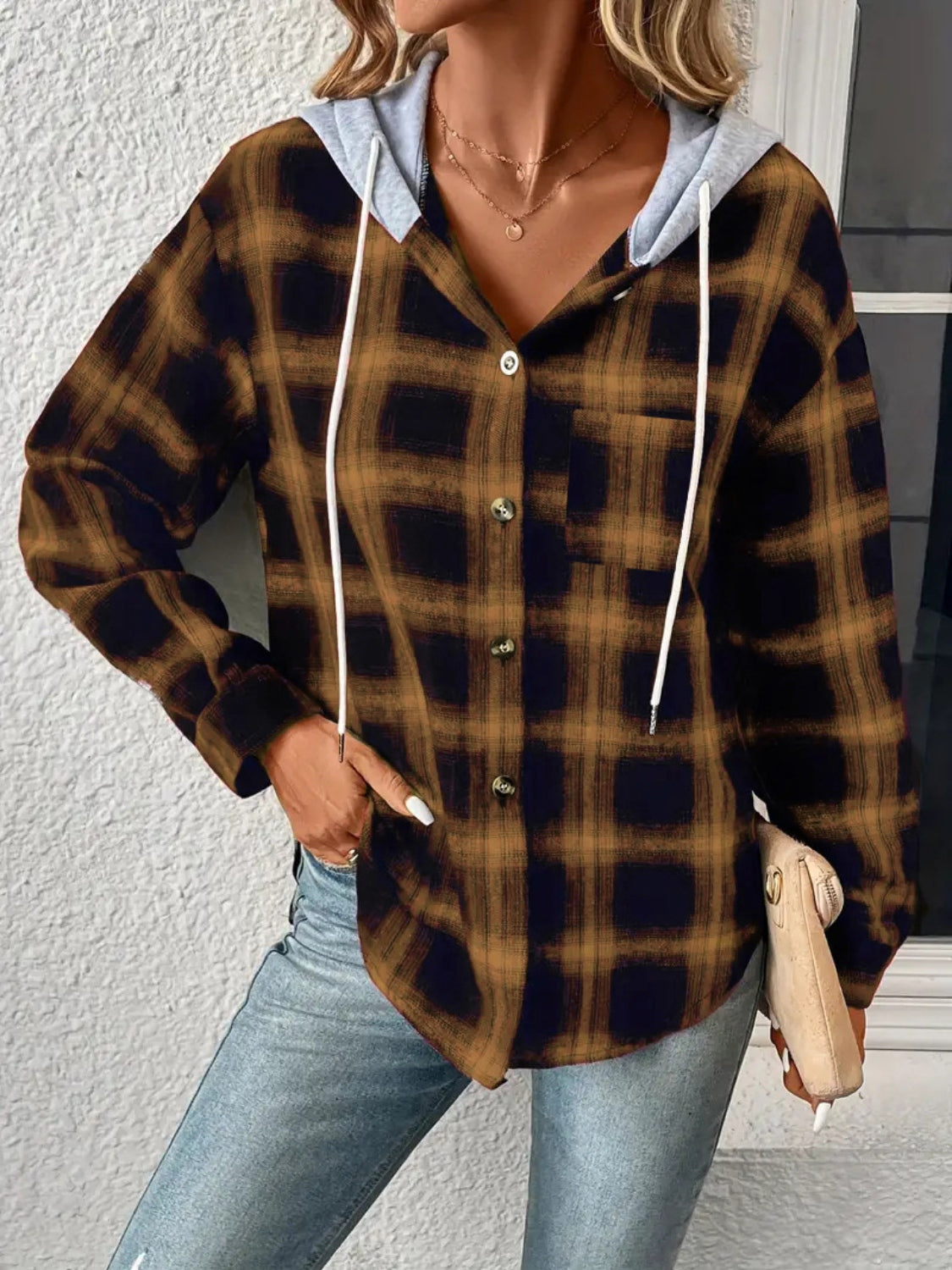 Get trendy with Plaid Drawstring Button Up Hooded Jacket - Jackets available at Styles Code. Grab yours today!