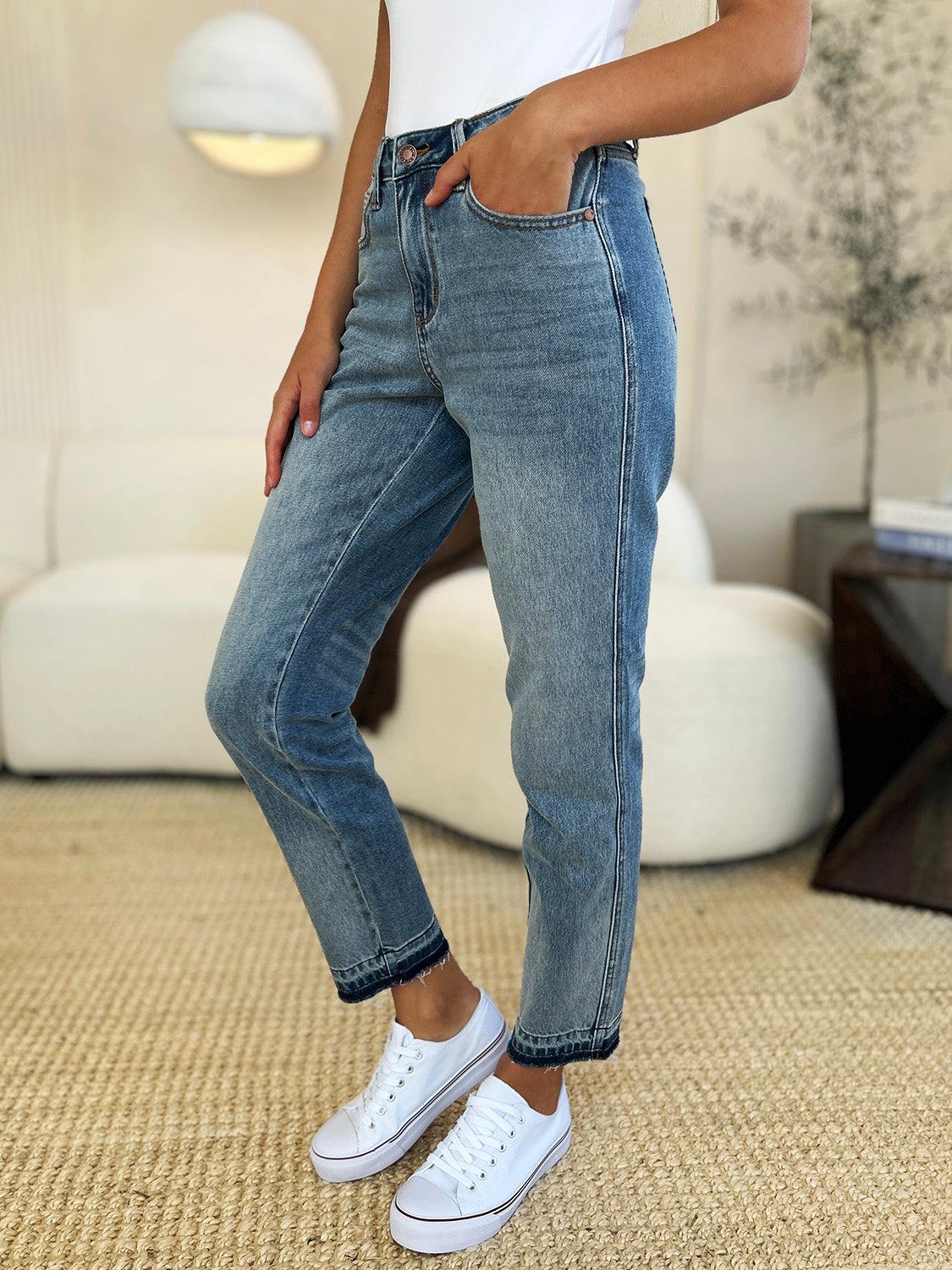 Get trendy with Full Size Mid Rise Hem Jeans - Plus Size available at Styles Code. Grab yours today!