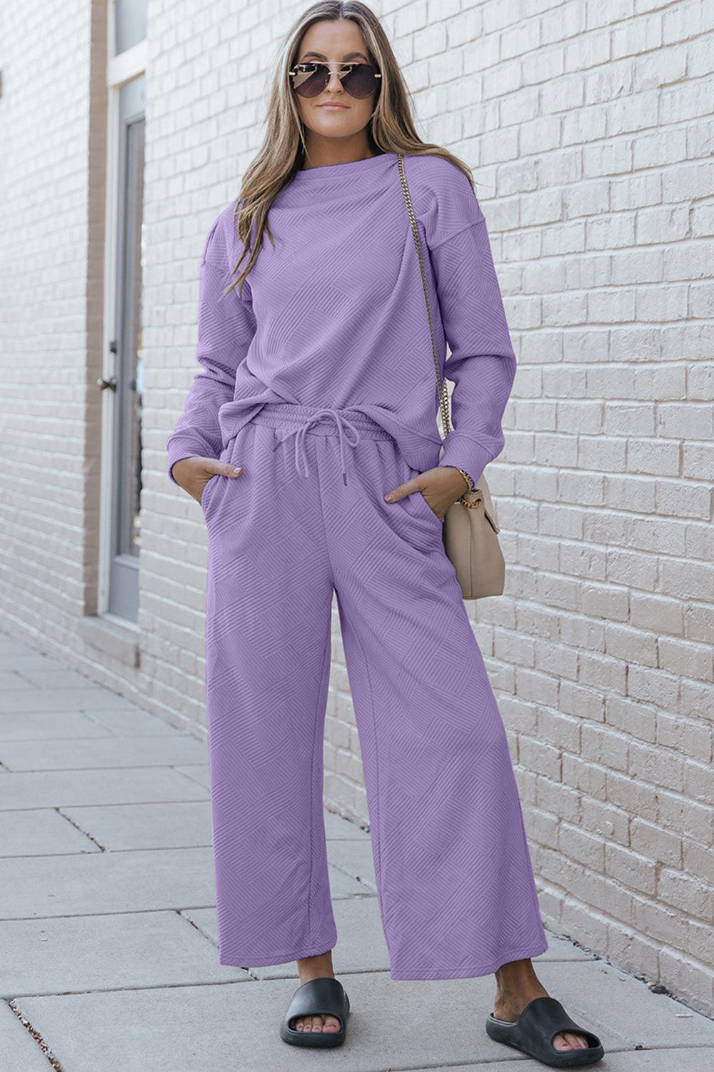 Get trendy with Full Size Textured Long Sleeve Top and Drawstring Pants Set -  available at Styles Code. Grab yours today!