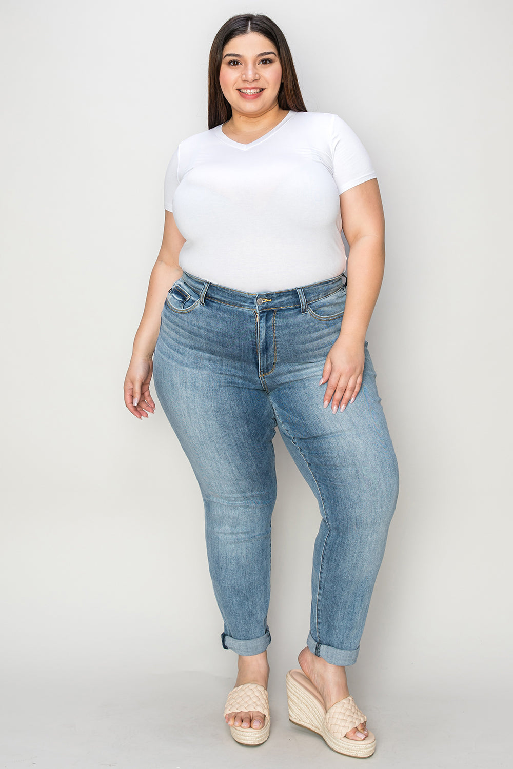 Get trendy with Judy Blue Full Size Cuffed Hem Slim Jeans -  available at Styles Code. Grab yours today!