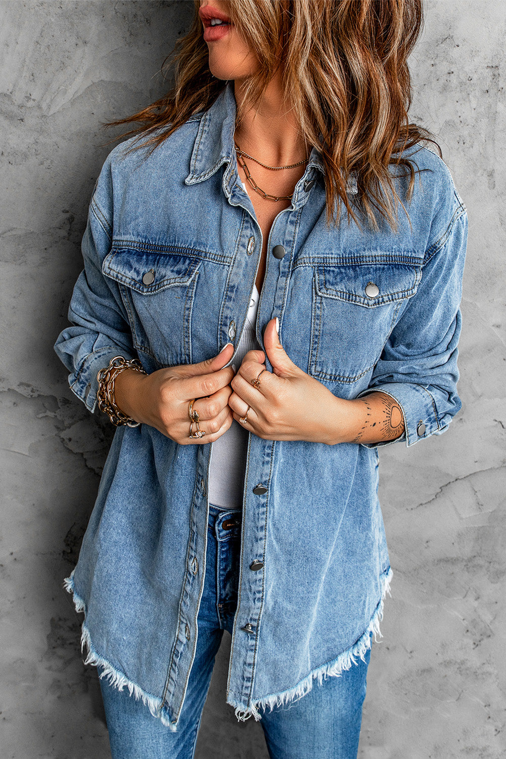 Get trendy with Button Up Pocketed Raw Hem Denim Jacket - Denim Jacket available at Styles Code. Grab yours today!