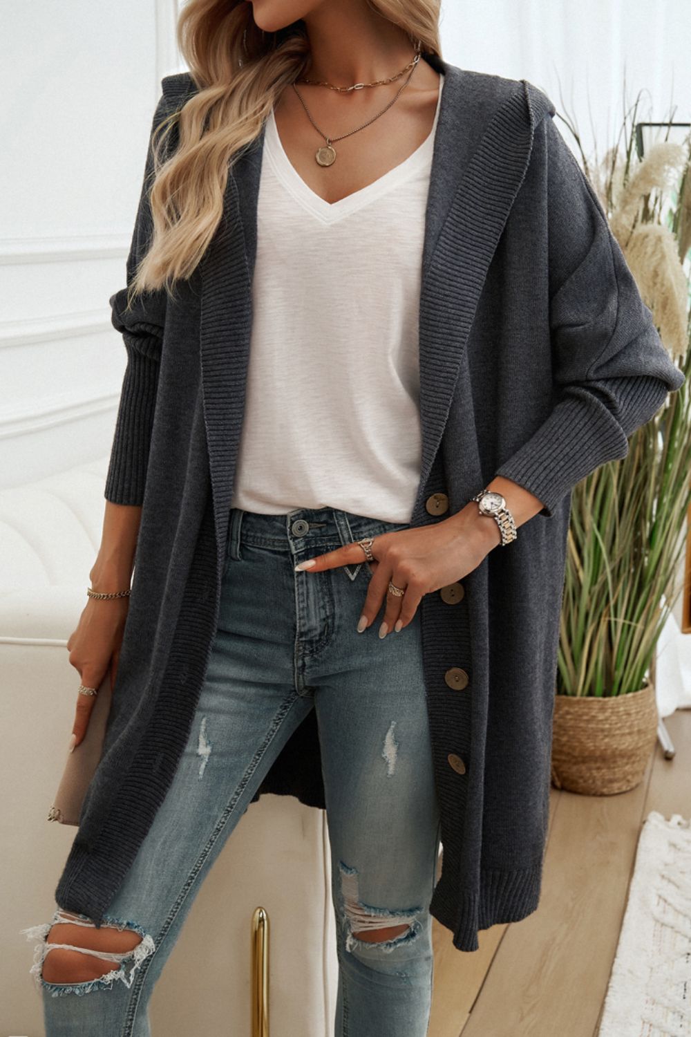 Get trendy with Devine Button Up Long Sleeve Hooded Cardigan -  available at Styles Code. Grab yours today!