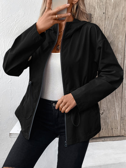 Get trendy with Drawstring Zip Up Hooded Jacket - Jacket available at Styles Code. Grab yours today!