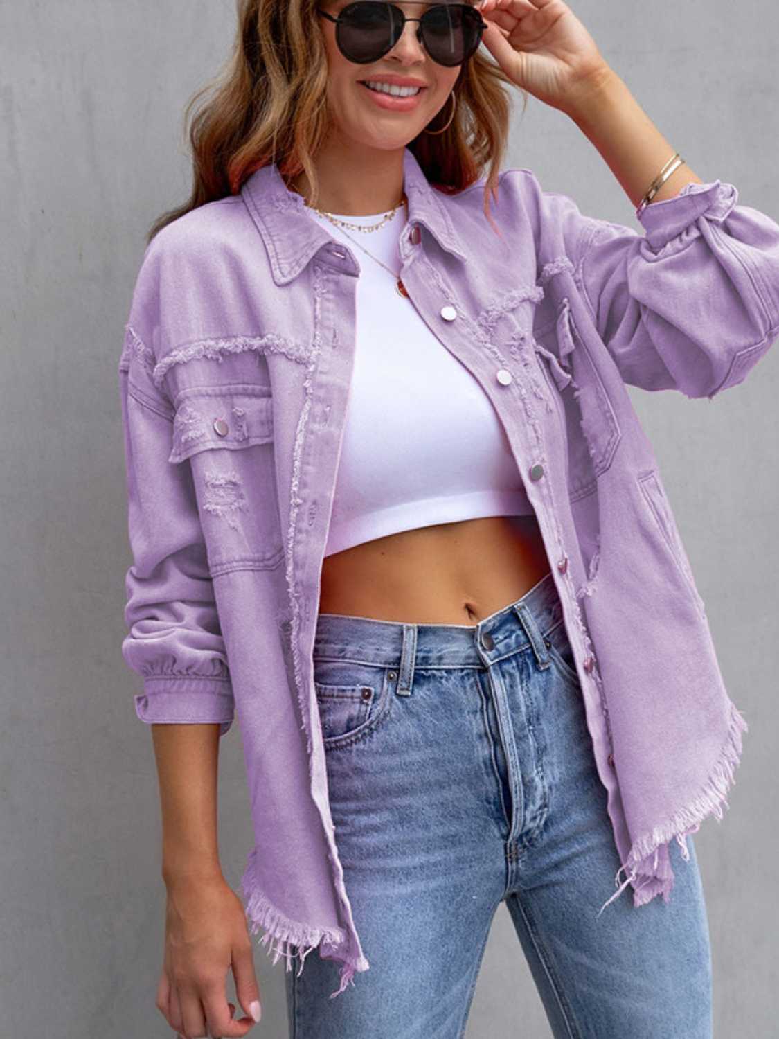 Get trendy with Distressed Drop Shoulder Denim Jacket - Denim Jacket available at Styles Code. Grab yours today!