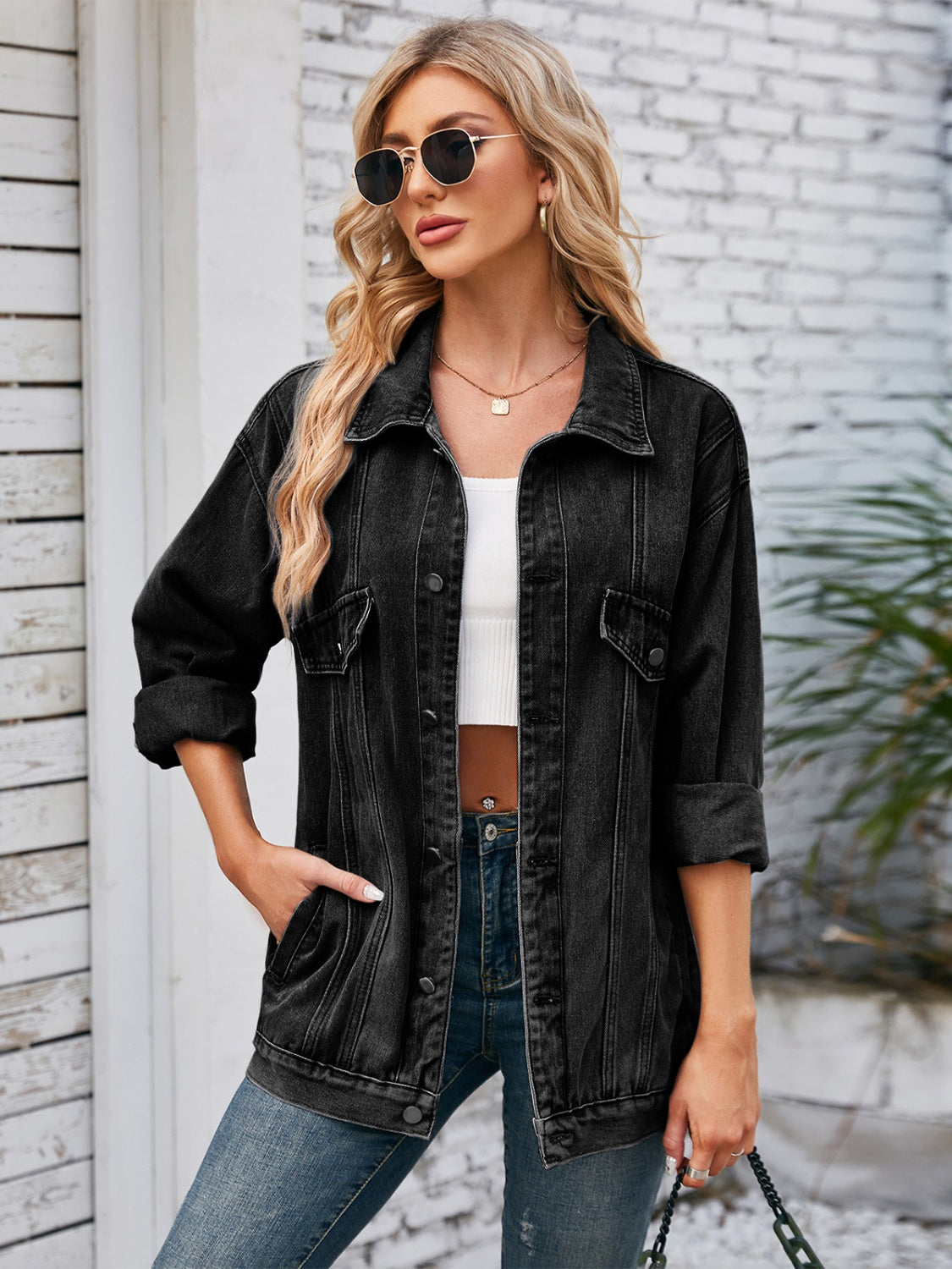 Get trendy with Button Up Long Sleeve Denim Jacket - Denim Jacket available at Styles Code. Grab yours today!