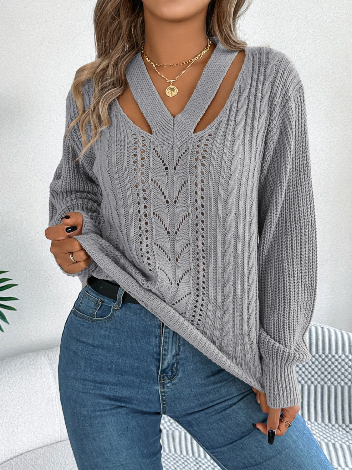 Get trendy with Cutout V-Neck Long Sleeve Sweater -  available at Styles Code. Grab yours today!