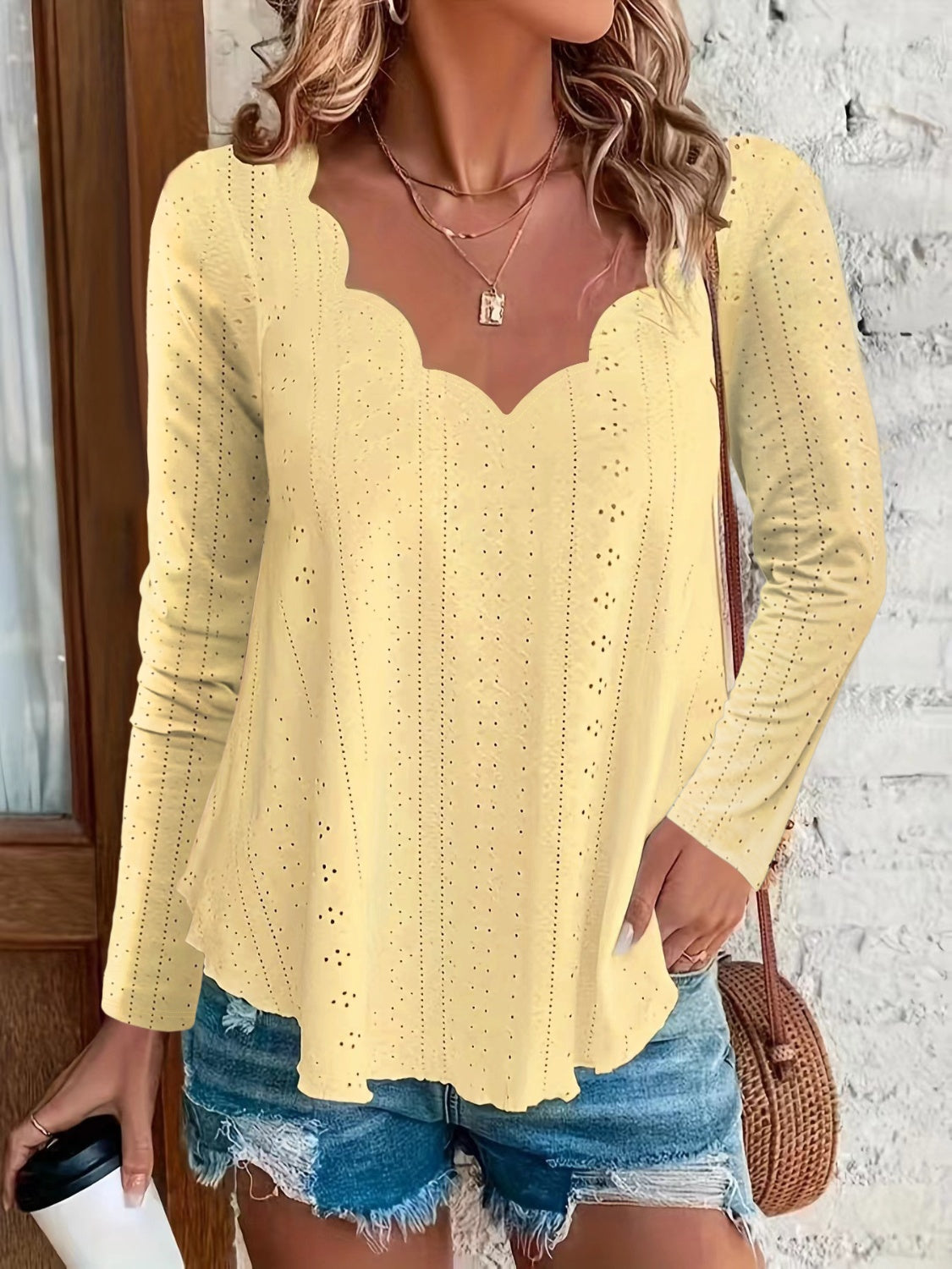 Get trendy with Eyelet Long Sleeve Blouse - Blouse available at Styles Code. Grab yours today!