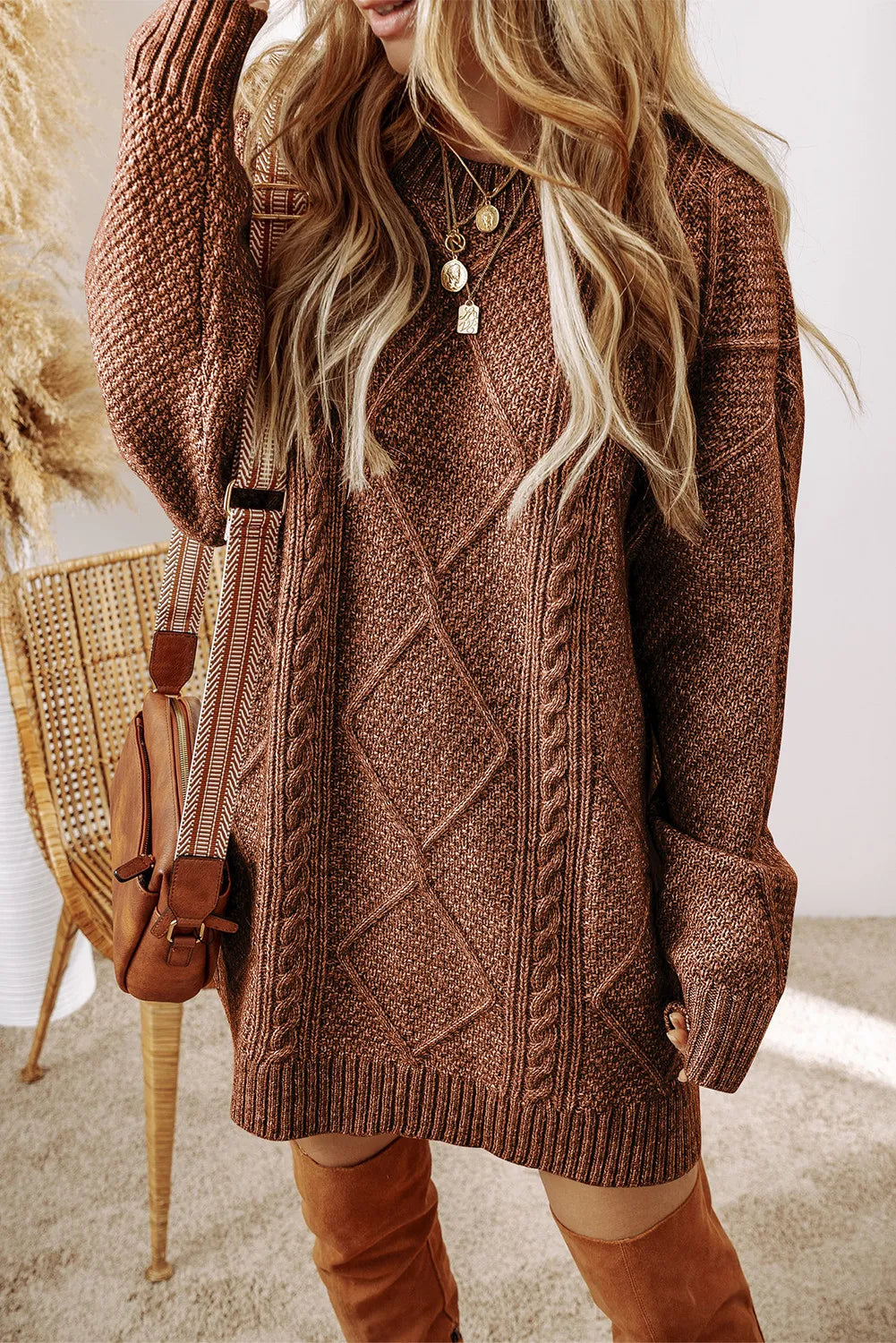 Get trendy with Cable-Knit Round Neck Sweater Dress -  available at Styles Code. Grab yours today!