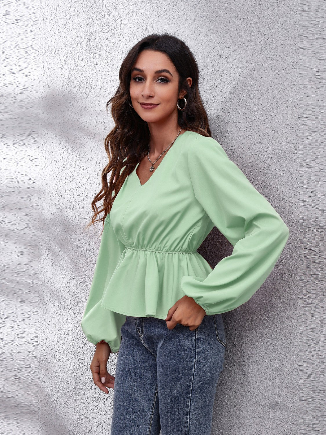 Get trendy with V-Neck Balloon Sleeve Peplum Blouse - Blouse available at Styles Code. Grab yours today!