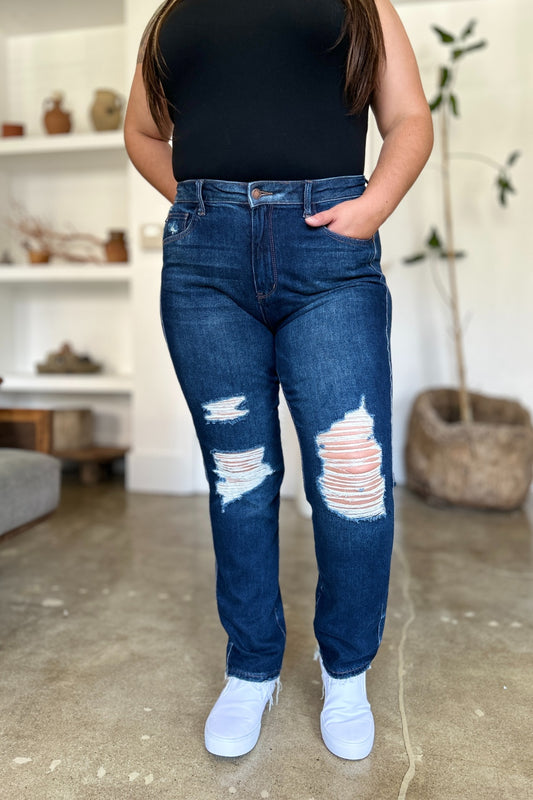 Get trendy with Judy Blue Full Size High Waist Rigid Magic Heavy Destroy Straight Jeans - Plus Size available at Styles Code. Grab yours today!