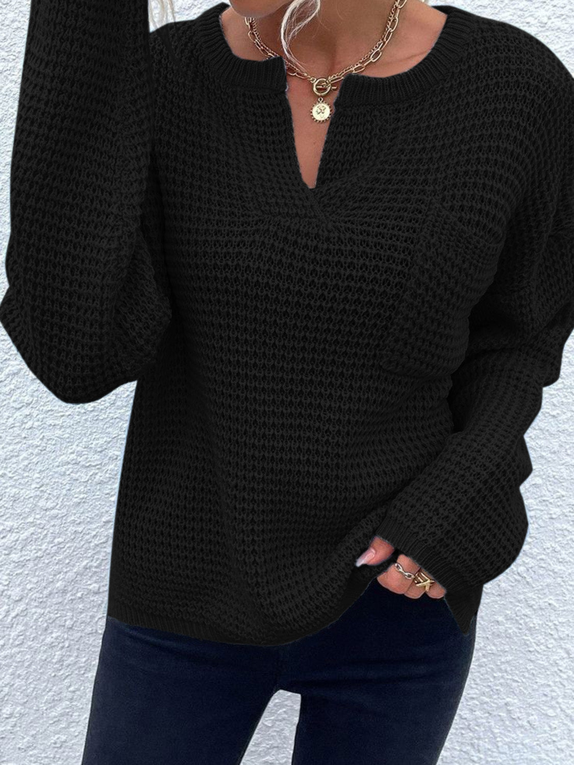 Get trendy with Notched Long Sleeve Sweater - Sweaters available at Styles Code. Grab yours today!