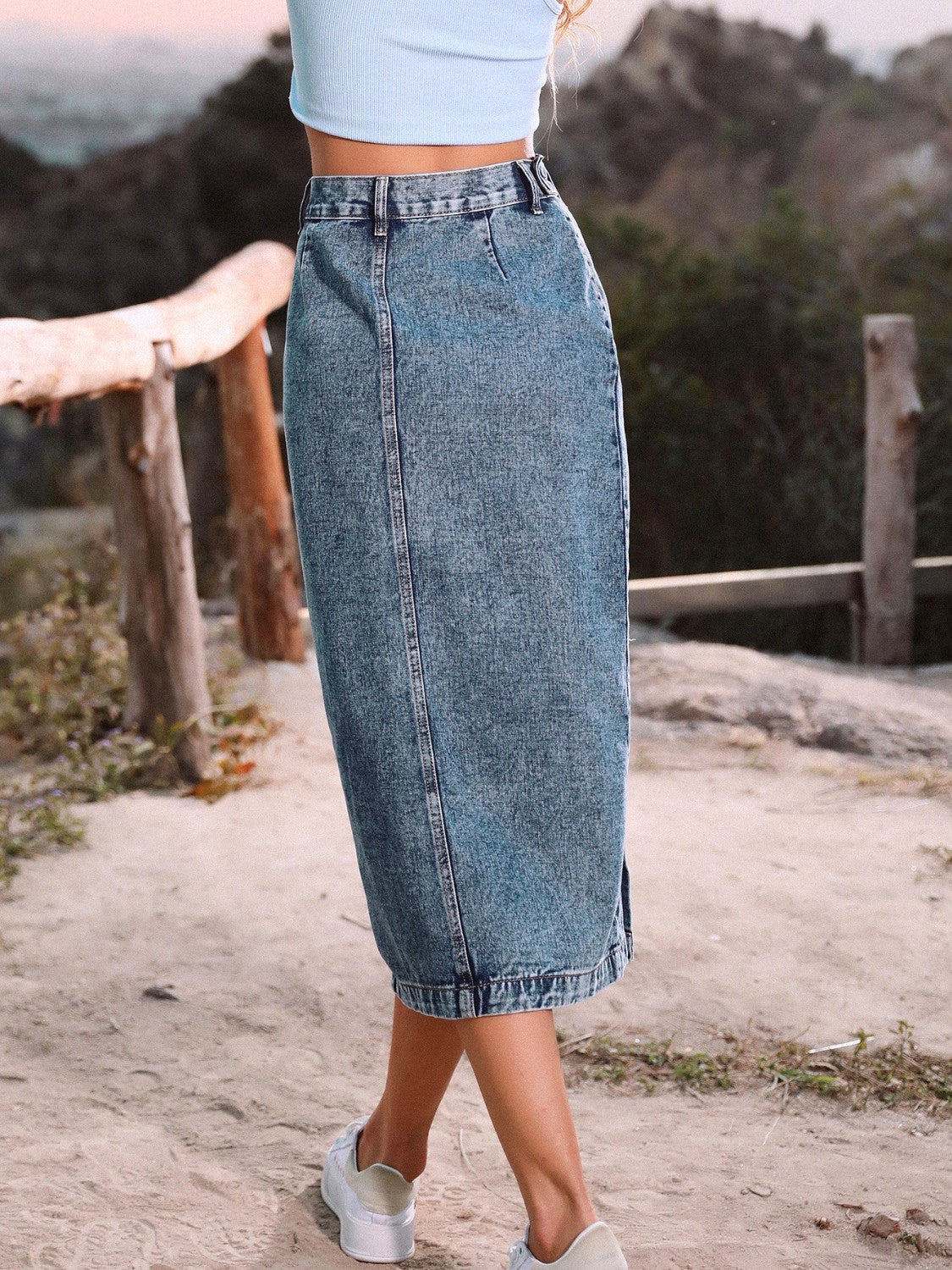 Get trendy with Button Down Denim Skirt - Skirts available at Styles Code. Grab yours today!