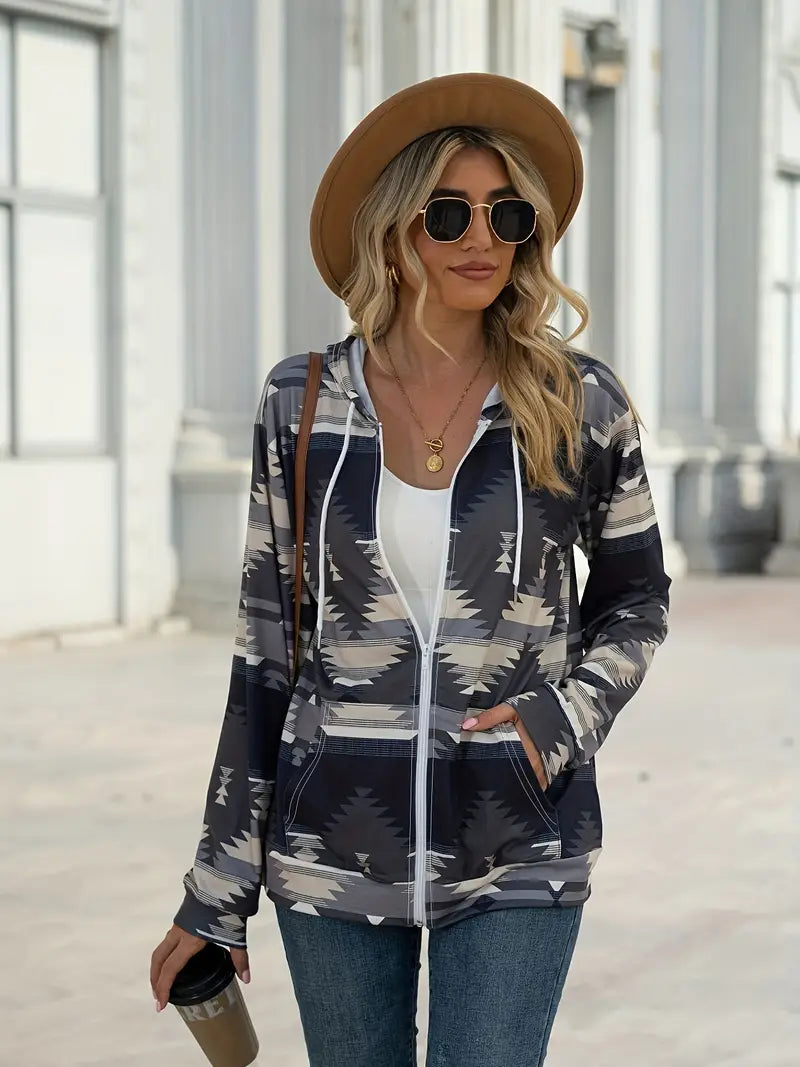 Get trendy with Geometric Zip Up Long Sleeve Hooded Jacket -  available at Styles Code. Grab yours today!