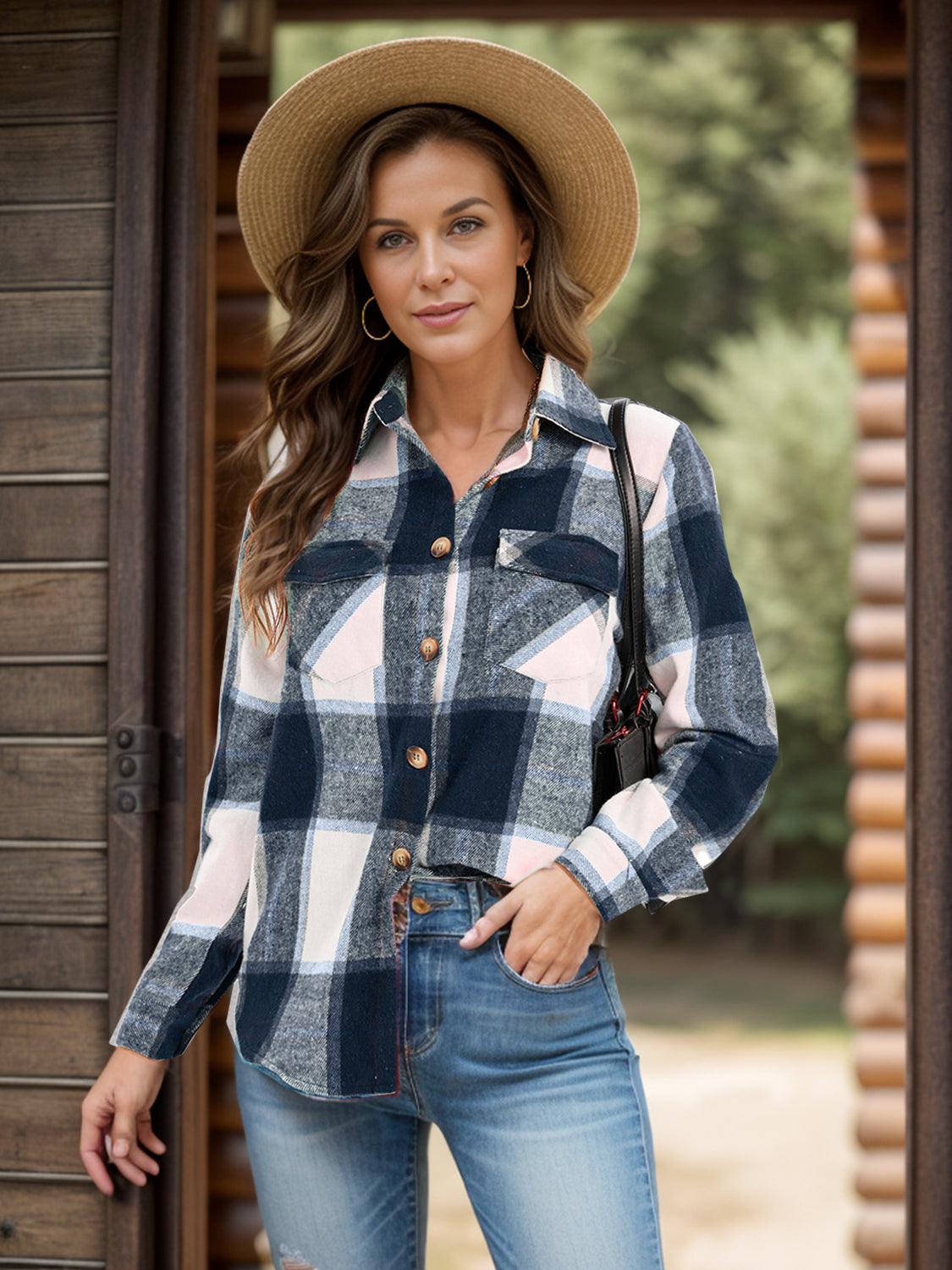 Get trendy with Full Size Pocketed Plaid Collared Neck Shacket -  available at Styles Code. Grab yours today!