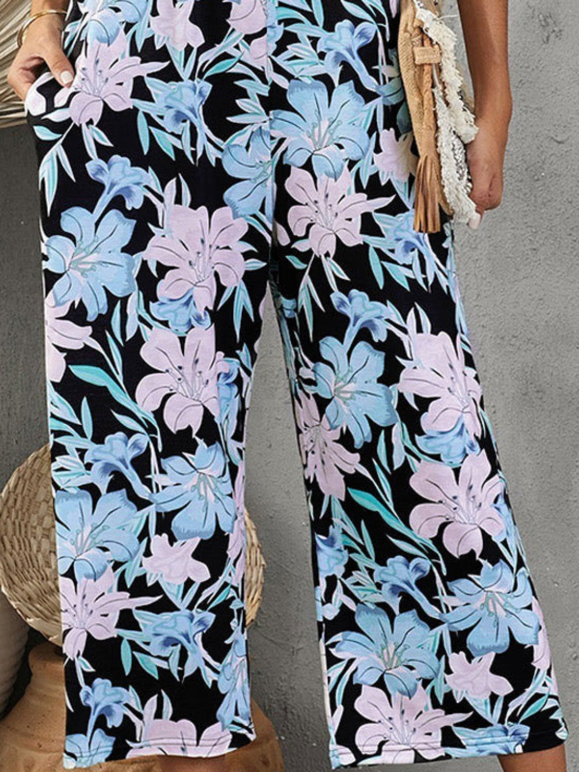 Get trendy with Printed Spaghetti Strap Jumpsuit with Pockets - Jumpsuit available at Styles Code. Grab yours today!