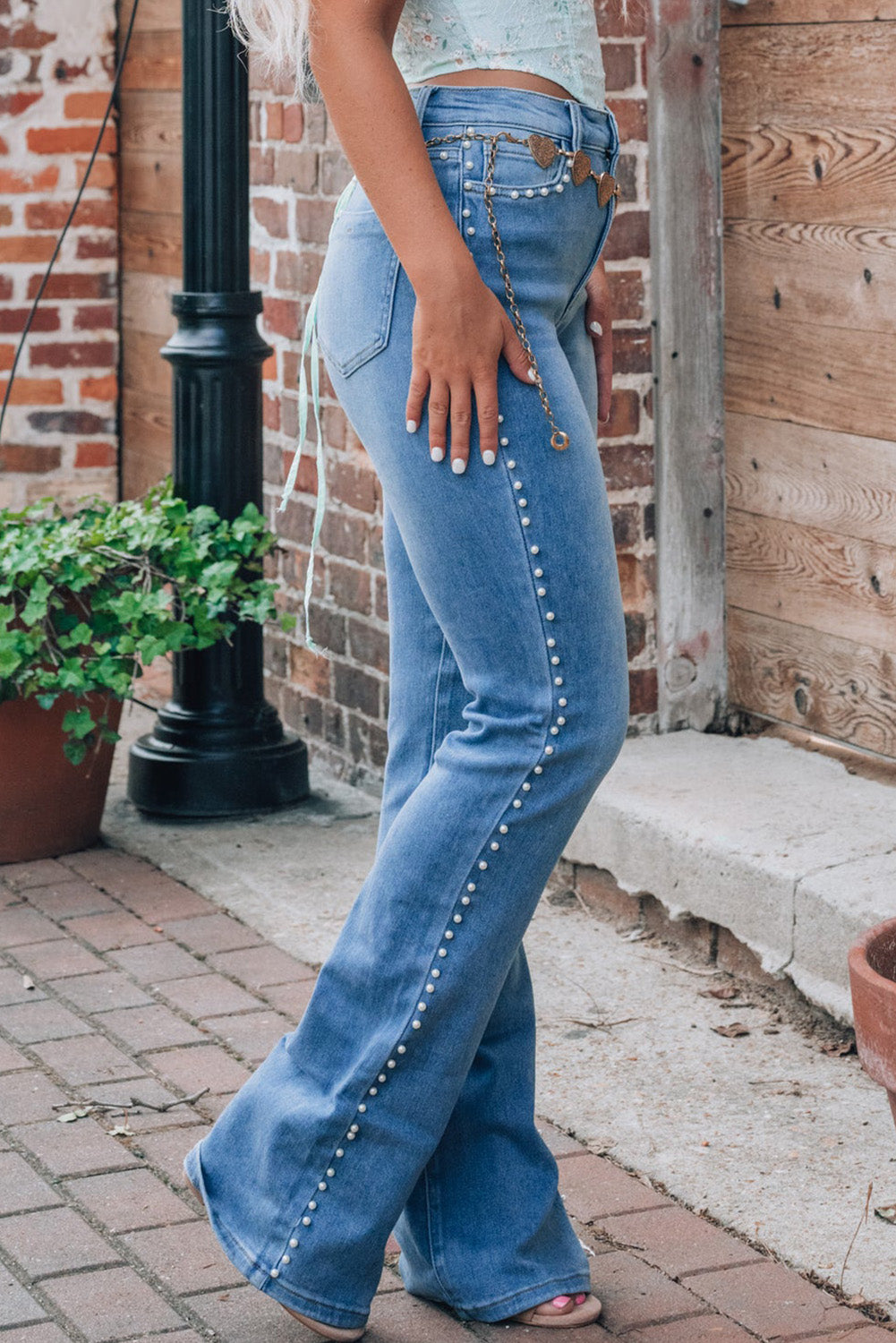 Get trendy with Pearl Trim Bootcut Jeans - Jeans available at Styles Code. Grab yours today!