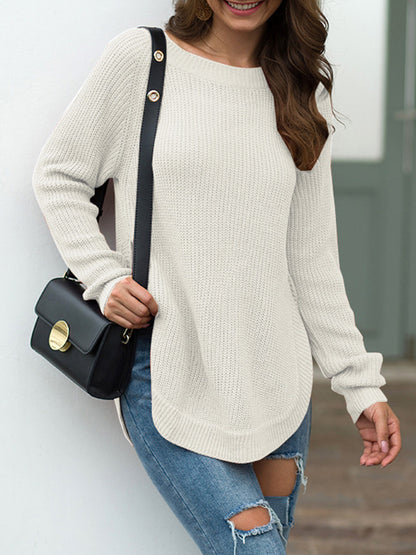 Get trendy with Slit Round Neck Long Sleeve Sweater - Sweaters available at Styles Code. Grab yours today!