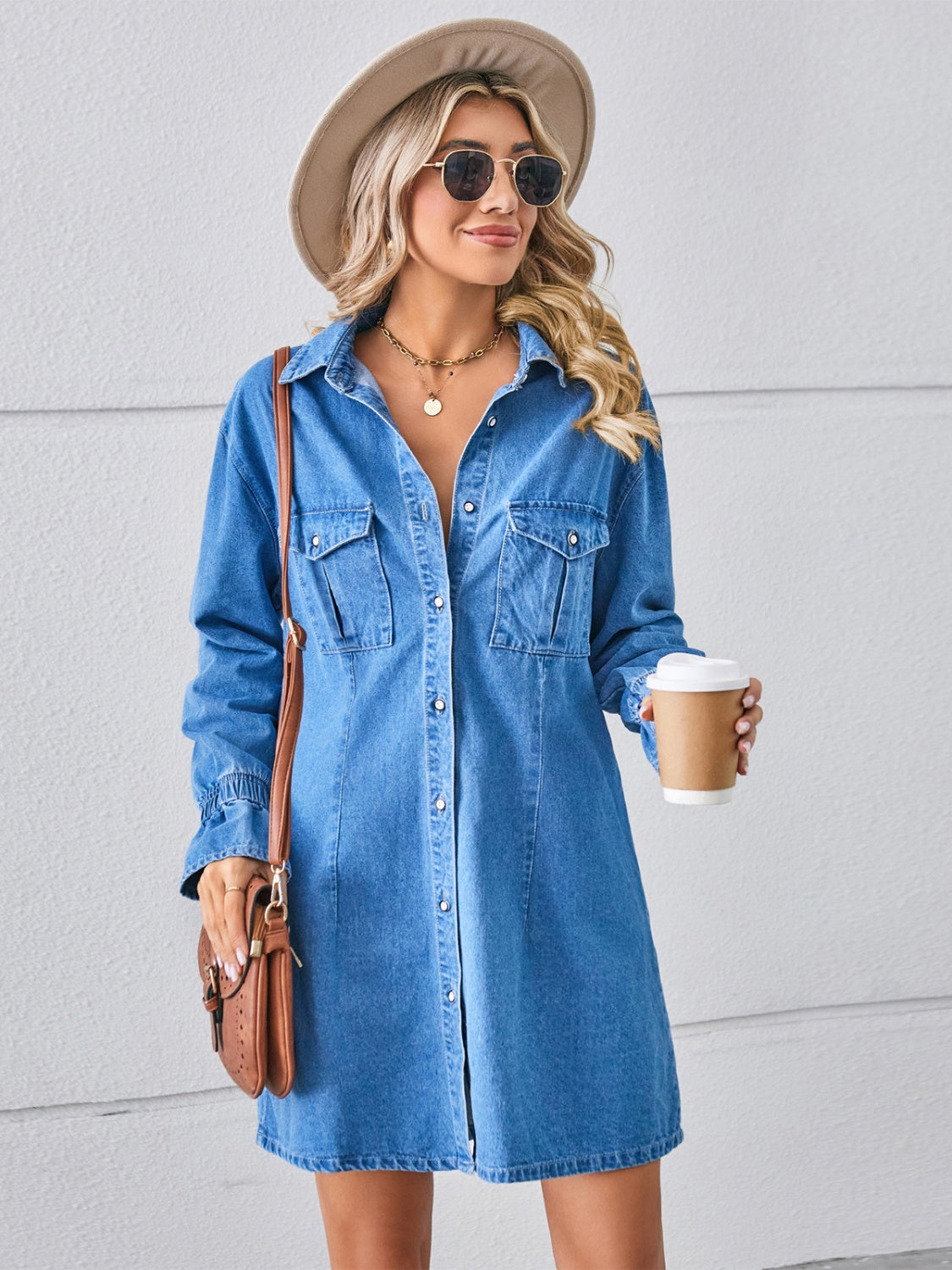 Get trendy with Pocketed Dropped Shoulder Mini Denim Dress - Denim Dress available at Styles Code. Grab yours today!