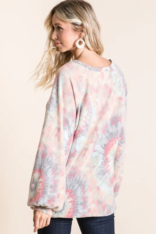 Get trendy with Tie Dye Top with Puff Sleeves - Top available at Styles Code. Grab yours today!