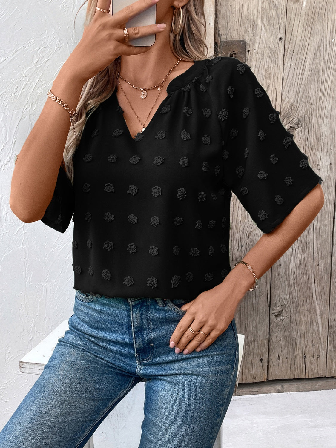 Get trendy with Swiss Dot Notched Half Sleeve Blouse - Blouse available at Styles Code. Grab yours today!