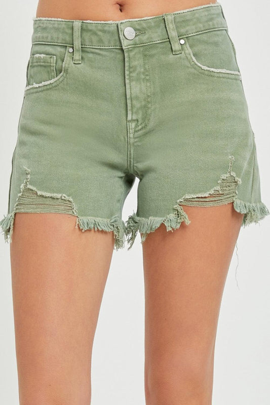 Get trendy with RISEN Mid Waist Frayed Hem Denim Shorts - Denim Shorts available at Styles Code. Grab yours today!