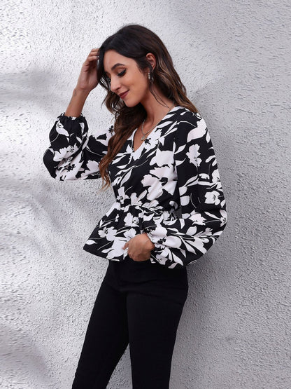 Get trendy with Printed V-Neck Long Sleeve Blouse - Blouse available at Styles Code. Grab yours today!