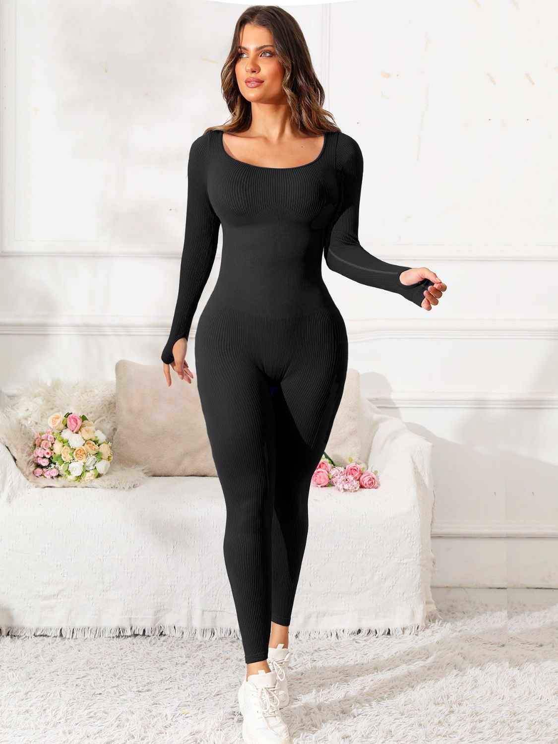 Get trendy with Scoop Neck Long Sleeve Active Jumpsuit - Activewear available at Styles Code. Grab yours today!