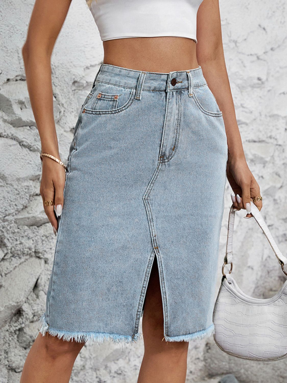 Get trendy with Raw Hem Slit Denim Skirt - Denim Dress available at Styles Code. Grab yours today!