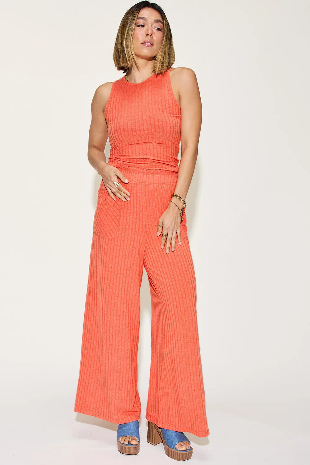 Get trendy with Ribbed Tank & Wide Leg Pants Set - Two Piece Sets available at Styles Code. Grab yours today!