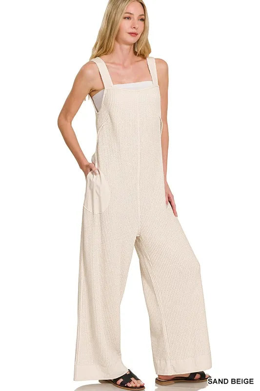 Get trendy with Knit Waffle Wide Leg Overalls - Jumpsuit available at Styles Code. Grab yours today!