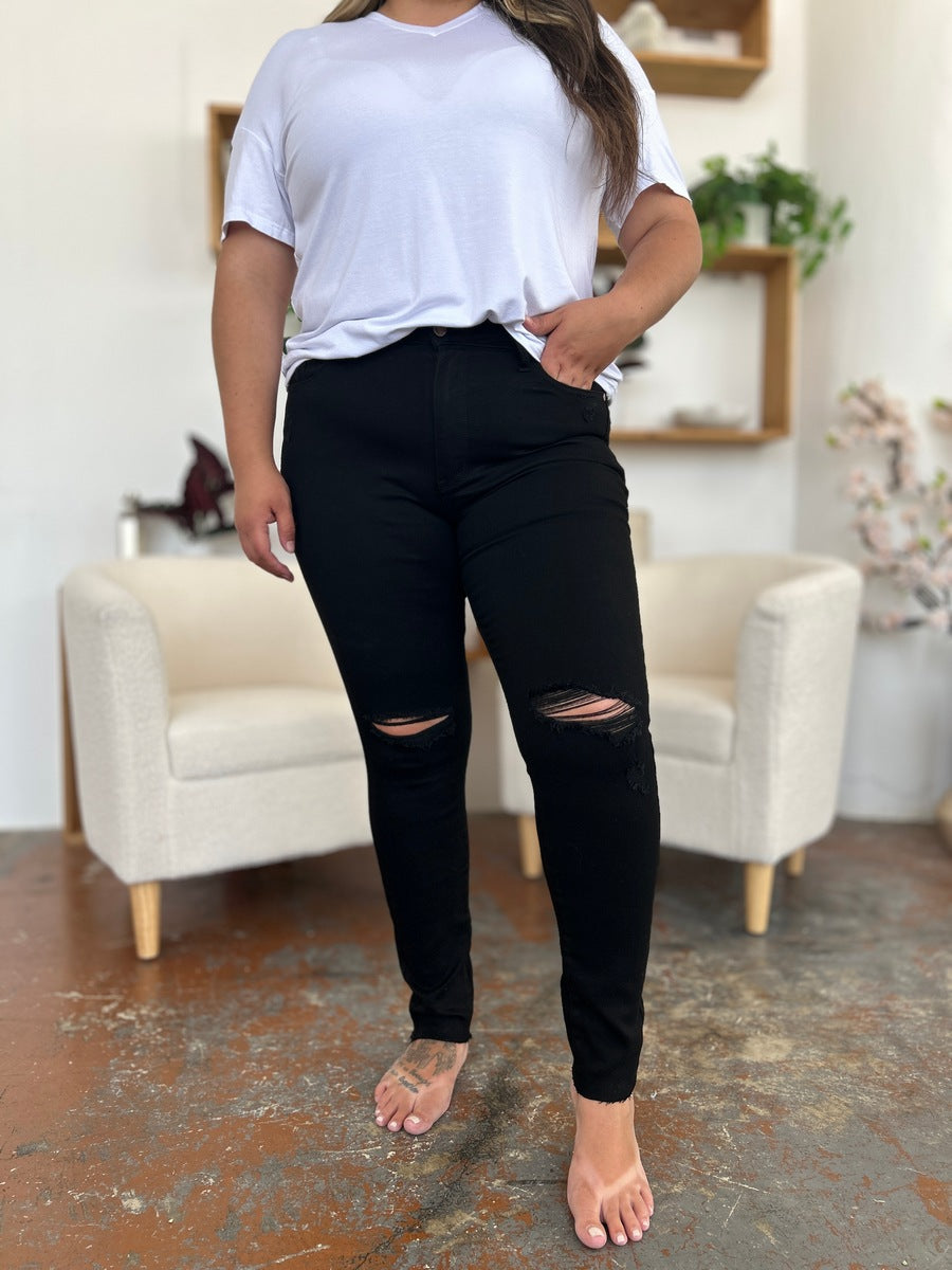 Get trendy with Judy Blue Full Size Distressed Tummy Control High Waist Skinny Jeans - Plus Size available at Styles Code. Grab yours today!