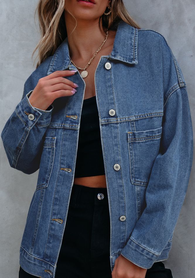 Get trendy with Pocketed Button Up Denim Jacket - Denim Jacket available at Styles Code. Grab yours today!