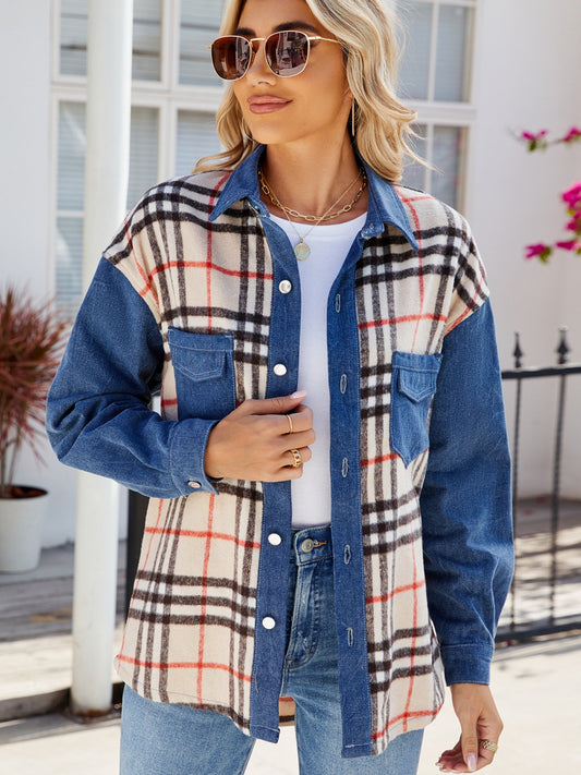 Get trendy with Plaid Long Sleeve Denim Jacket -  available at Styles Code. Grab yours today!