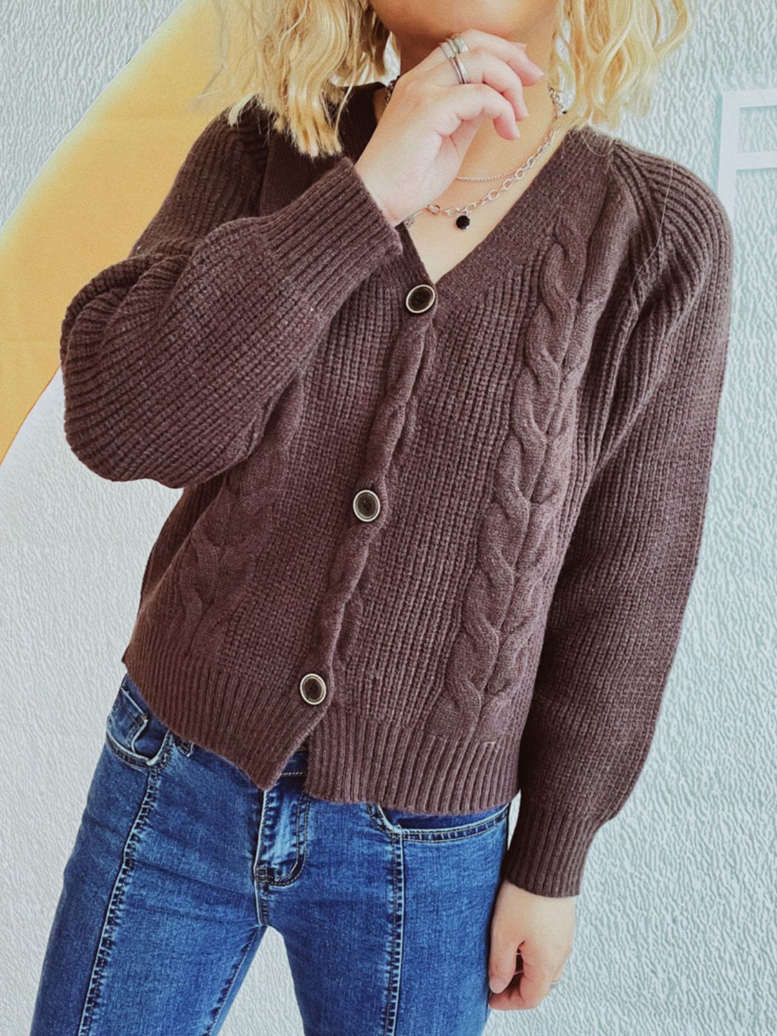 Get trendy with Cable-Knit V-Neck Cardigan - Cardigans available at Styles Code. Grab yours today!