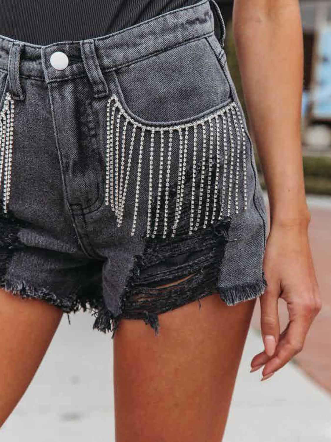 Get trendy with Distressed Fringe Denim Shorts with Pockets - Denim Shorts available at Styles Code. Grab yours today!