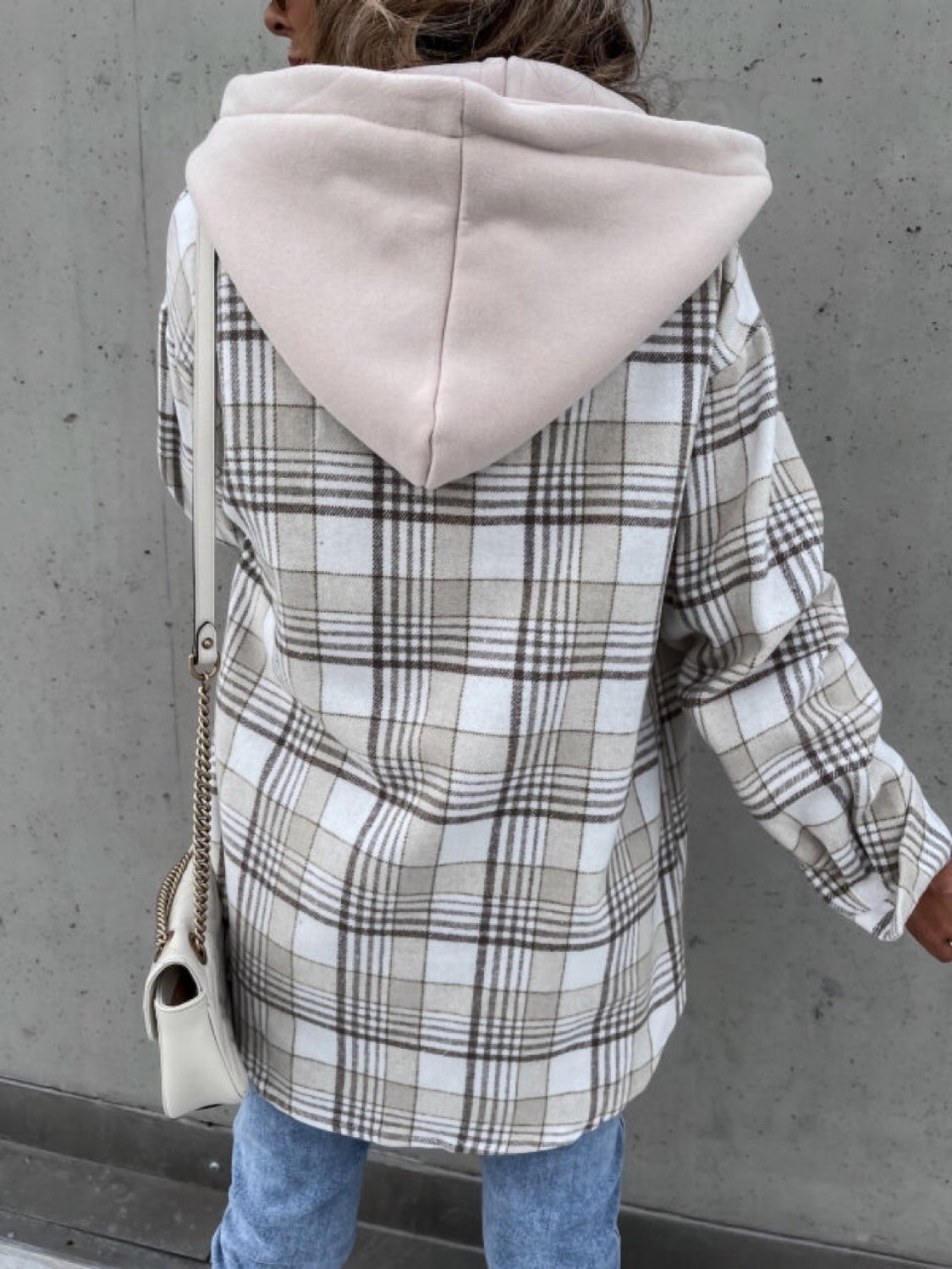 Get trendy with Plaid Dropped Shoulder Hooded Jacket - Jacket available at Styles Code. Grab yours today!