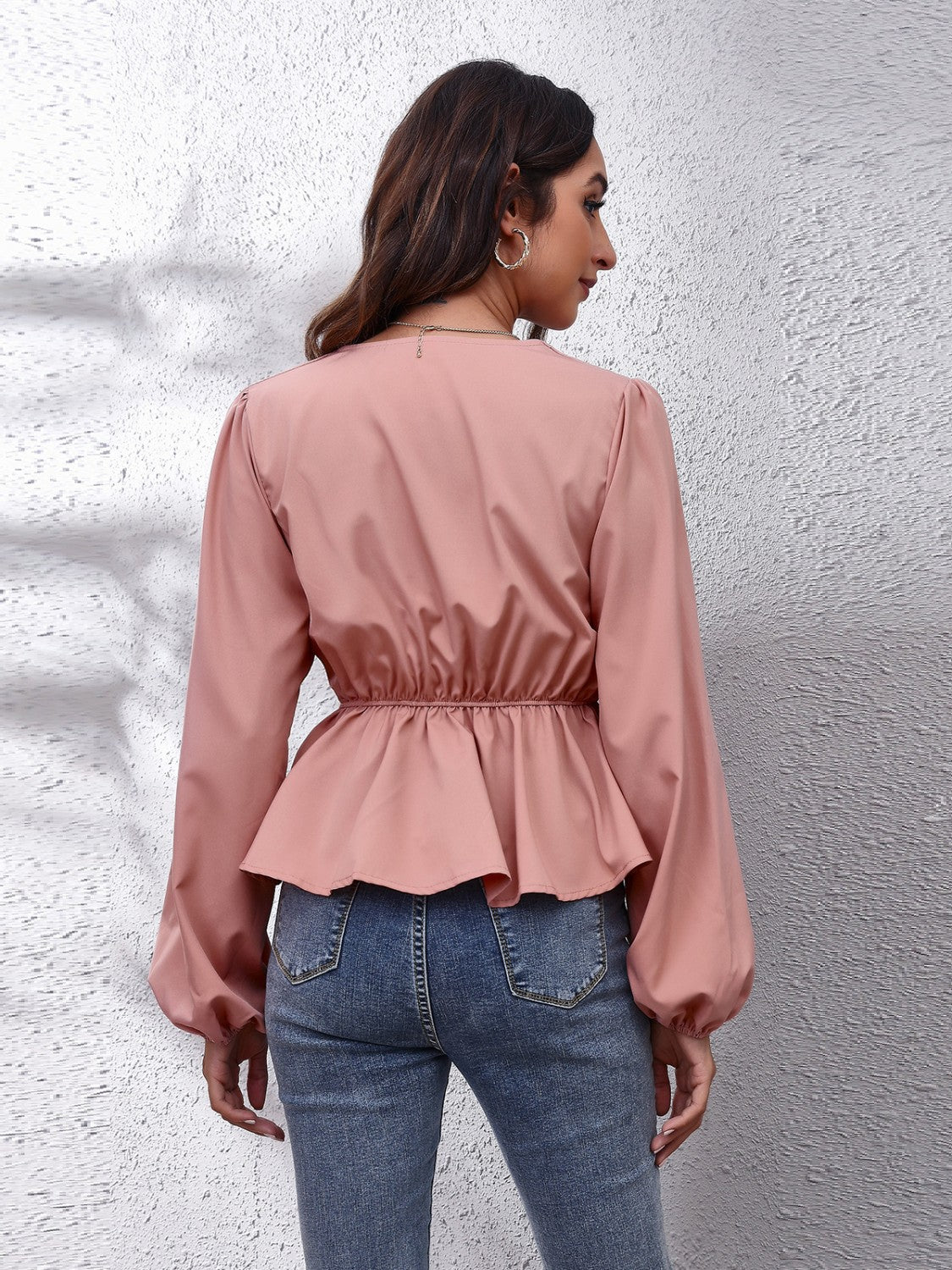 Get trendy with V-Neck Balloon Sleeve Peplum Blouse - Blouse available at Styles Code. Grab yours today!