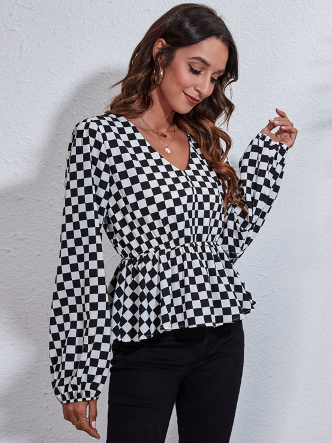 Get trendy with Ruched Printed V-Neck Long Sleeve Blouse - Blouse available at Styles Code. Grab yours today!