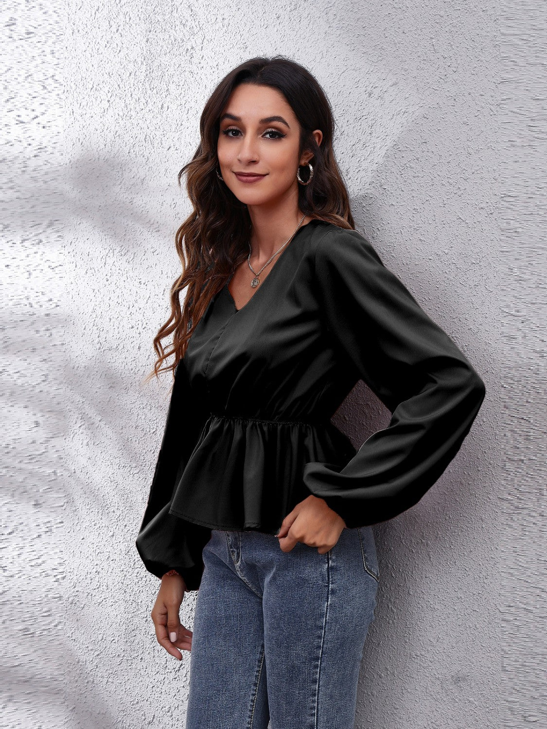 Get trendy with V-Neck Balloon Sleeve Peplum Blouse - Blouse available at Styles Code. Grab yours today!