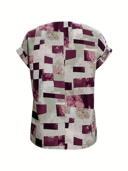 Get trendy with Printed Notched Short Sleeve Blouse - Top available at Styles Code. Grab yours today!