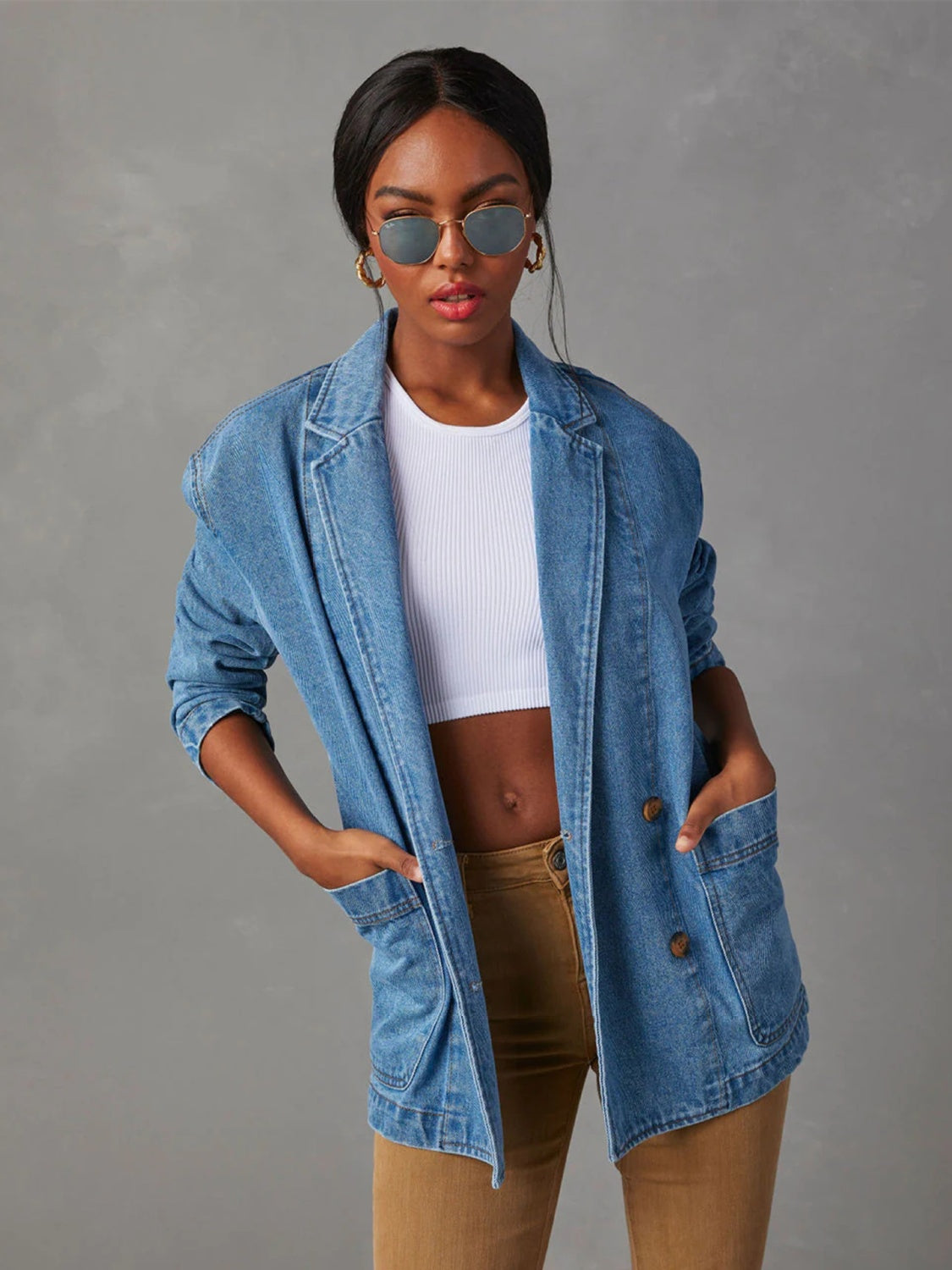 Get trendy with Collared Neck Long Sleeve Denim Jacket - Denim Jacket available at Styles Code. Grab yours today!