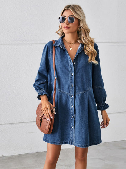 Get trendy with Button Up Flounce Sleeve Mini Denim Dress - Denim Dress available at Styles Code. Grab yours today!