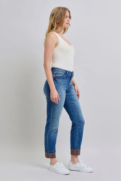 Get trendy with Plaid Print Cuff Straight Leg Jeans - Jeans available at Styles Code. Grab yours today!